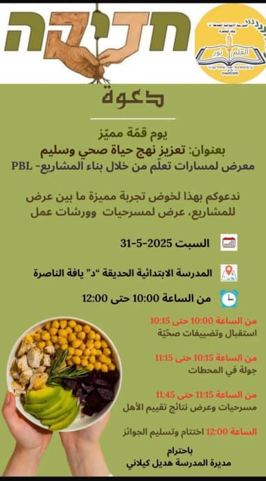 دعوة لحضور يوم القمّة في المدرسة الابتدائية "الحديقة د" – يافة الناصرة